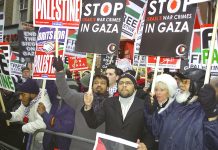 A section of the December 27 vigil outside the Israeli Embassy in London to mark the first anniversary of the Gaza massacre last winter