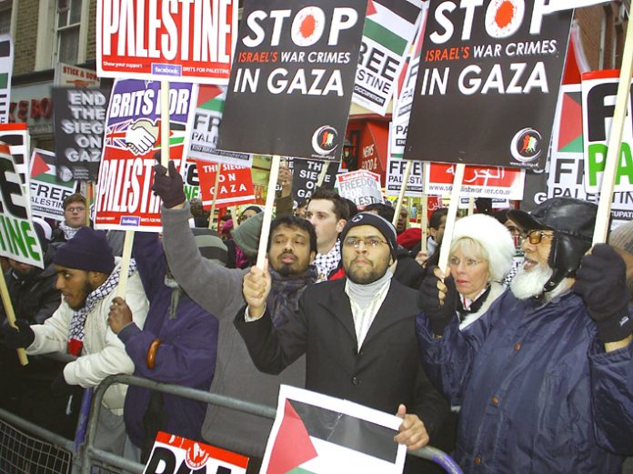 A section of the December 27 vigil outside the Israeli Embassy in London to mark the first anniversary of the Gaza massacre last winter