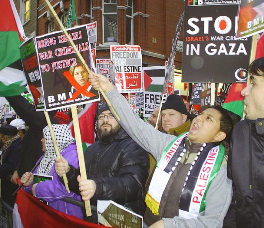 A section of the 2,000-strong vigil outside the Israeli embassy in London on December 27 to mark the anniversary of the Israeli bombardment of Gaza