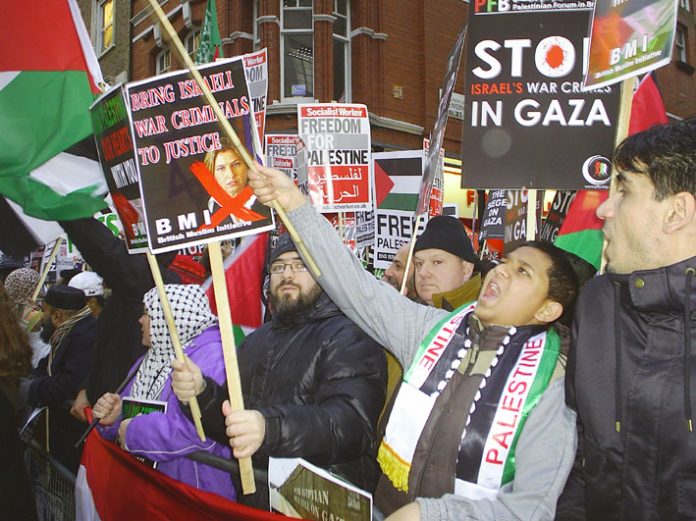 A section of the 2,000-strong vigil outside the Israeli embassy in London on December 27 to mark the anniversary of the Israeli bombardment of Gaza