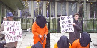 Protesters outside the US embassy in London yesterday calling for Guantanamo Bay prison to be closed down
