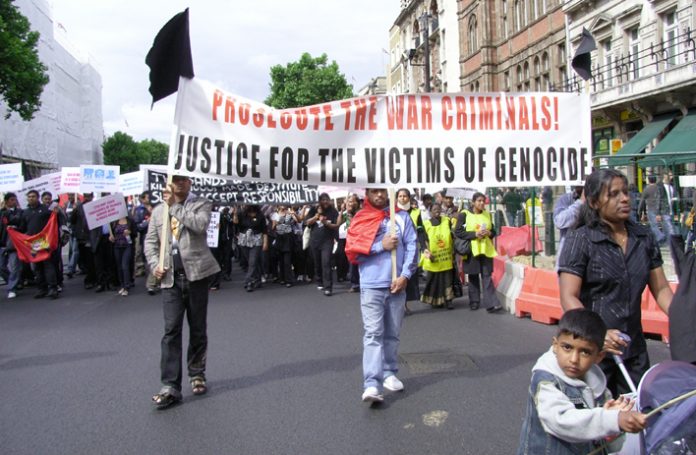 Demonstrators in London on June 20 last year demanding that those responsible for war crimes against the Tamil peole be prosecuted