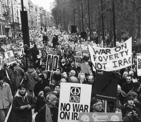 A section of the two million-strong demonstration in London on February 15 2003 on the eve of the war against Iraq