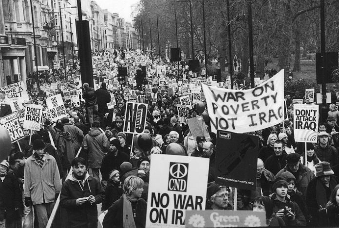 A section of the two million-strong demonstration in London on February 15 2003 on the eve of the war against Iraq