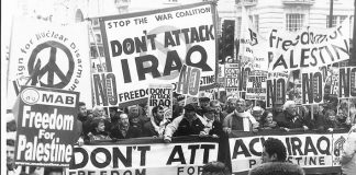 The front of the two million-strong demonstration in London on February 15 2003 against the war on Iraq