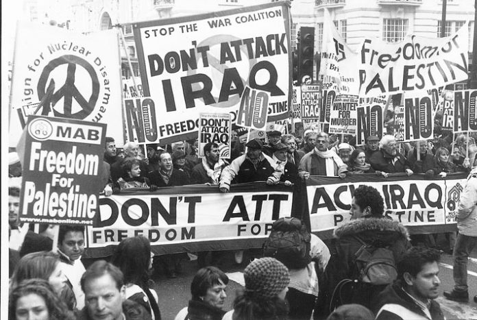 The front of the two million-strong demonstration in London on February 15 2003 against the war on Iraq