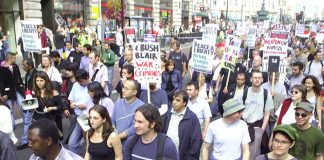 Marchers in London in September 2005 against the war on Iraq condemn Bush and Blair as war criminals