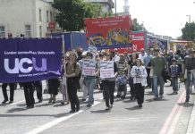 Students, lecturers and supporters marching against hundreds of job cuts at London Metropolitan University last summer