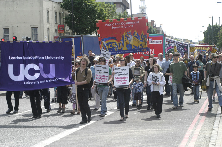 Students, lecturers and supporters marching against hundreds of job cuts at London Metropolitan University last summer