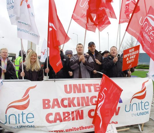 Striking BA cabin crew on the picket line at Heathrow yesterday
