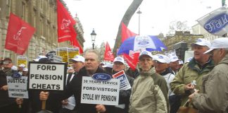 Angry Visteon workers demanding their pensions outside Downing Street yesterday afternoon