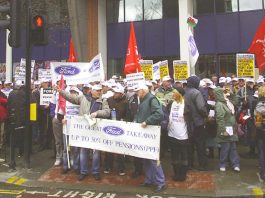 Section of the 500-strong protest of sacked Visteon workers assemble outside the Unite headquarters in Holborn on Wednesday