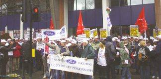 Section of the 500-strong protest of sacked Visteon workers assemble outside the Unite headquarters in Holborn on Wednesday