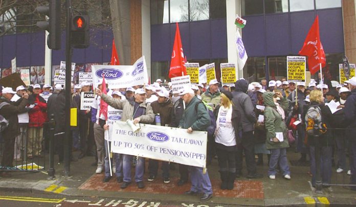 Section of the 500-strong protest of sacked Visteon workers assemble outside the Unite headquarters in Holborn on Wednesday