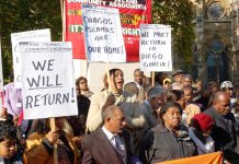 Chagossians angrily demonstrating outside the House of Lords that voted against their right to return