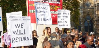 Chagossians angrily demonstrating outside the House of Lords that voted against their right to return