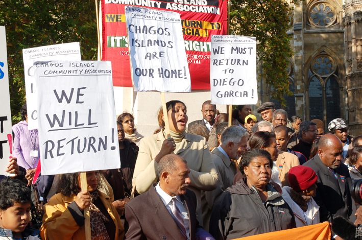 Chagossians angrily demonstrating outside the House of Lords that voted against their right to return