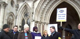 PCS general secretary MARK SERWOTKA (second from right) with PCS pickets at the law courts during their strike on March 9th