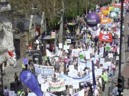 A large contingent of NHS workers on Saturday’s 10,000-strong ‘Defend the Welfare State’ demonstration in London
