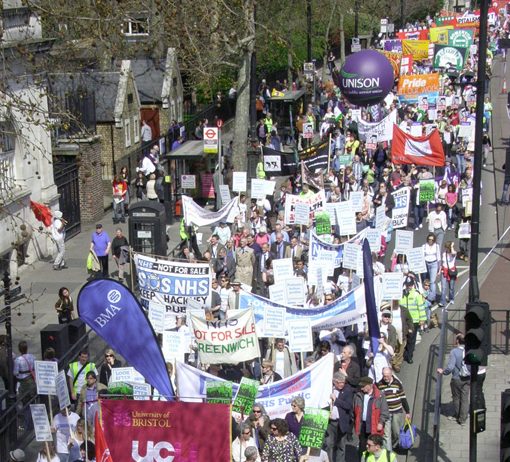 A large contingent of NHS workers on Saturday’s 10,000-strong ‘Defend the Welfare State’ demonstration in London