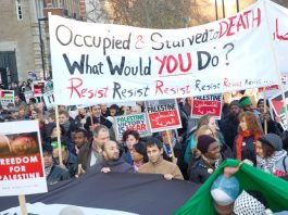 London Marchers demonstrating against the Israeli bombing of Gaza in January last year show their support for the Palestinian resistance