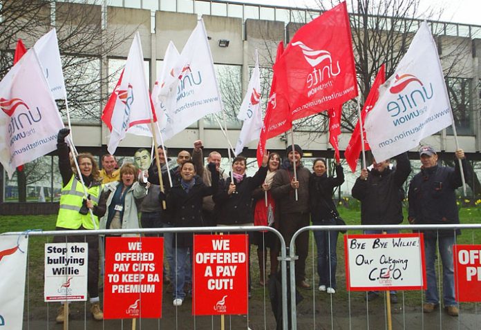 BA cabin crew on the picket line during their strike action before Easter – cabin crew members yesterday demanded more strikes be immediately called by their union, Unite