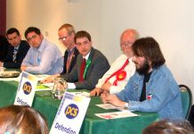 Workers Revolutionary Party Norwich Central candidate GABRIEL POLLEY speaks out to the discomfort of leading Blairite CHARLES CLARKE (second from right)