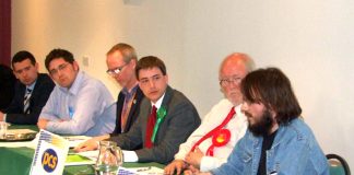 Workers Revolutionary Party Norwich Central candidate GABRIEL POLLEY speaks out to the discomfort of leading Blairite CHARLES CLARKE (second from right)