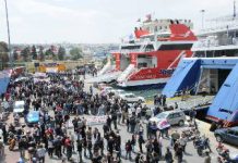 Greek seafarers demonstrate at the port of Piraeus on Wednesday morning