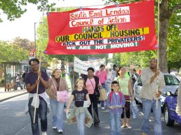 HEYGATE ESTATE–Heating and hot water system ‘permanently switched off’! Heygate tenants and their families on a South-East London Council of Action demonstration starting from the estate, to keep council housing and stop the sell-off of Heygate and Aylesbury estates under the Southwark Council’s regeneration plans