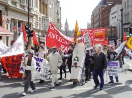 Campaigners on the ‘Defend the Welfare State’ demonstration in London on April 10th demanding that wardens are maintained in sheltered housing accomodation
