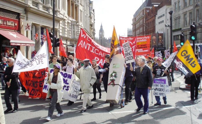 Campaigners on the ‘Defend the Welfare State’ demonstration in London on April 10th demanding that wardens are maintained in sheltered housing accomodation