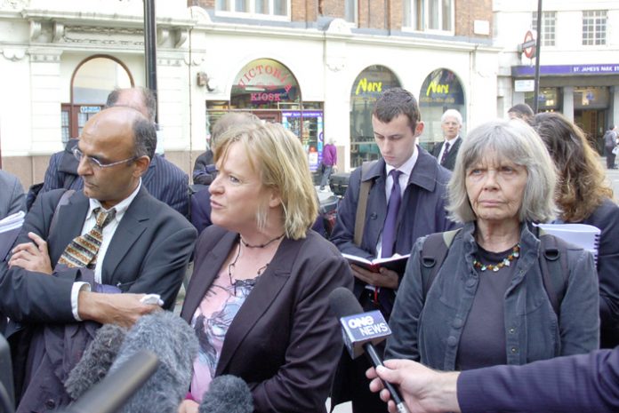 CELIA STUBBS (right) with DEBORAH COLES of Inquest and solicitor RAJU BHATT outside Scotland Yard yesterday morning