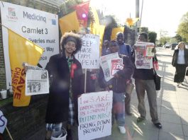 PAUL LEPPER (left) WRP canditate for Streatham joined the North East London Council of Action picket to stop the closure of Chase Farm Hospital