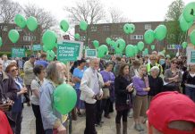 Some of the 300 demonstrators outside the Whittington Hospital yesterday lunchtime who are determined it will not be closed