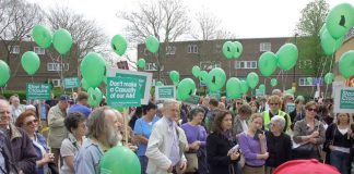 Some of the 300 demonstrators outside the Whittington Hospital yesterday lunchtime who are determined it will not be closed