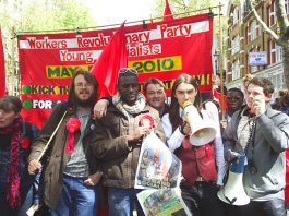 Workers Revolutionary Party General Election candidates in front of their banner (from left) ANNA ATHOW, GABRIEL POLLEY, JOSHUA OGUNLEYE, FRANK SWEENEY, MATT LINLEY and JONTY LEFF