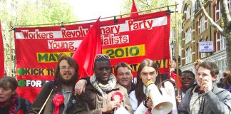Workers Revolutionary Party General Election candidates in front of their banner (from left) ANNA ATHOW, GABRIEL POLLEY, JOSHUA OGUNLEYE, FRANK SWEENEY, MATT LINLEY and JONTY LEFF