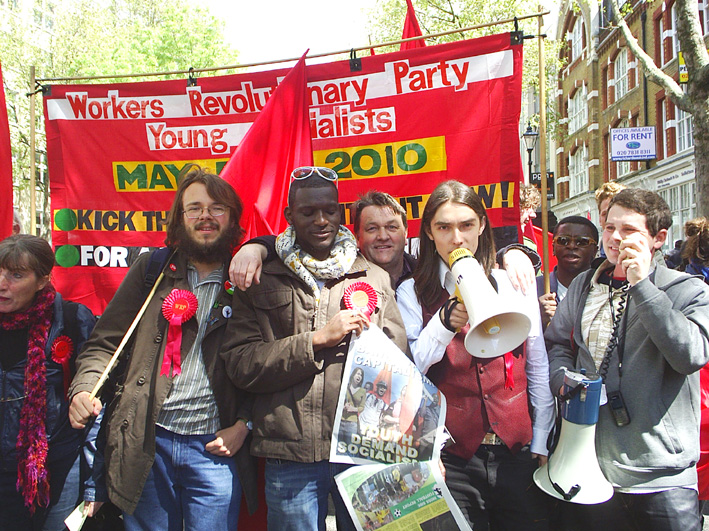 Workers Revolutionary Party General Election candidates in front of their banner (from left) ANNA ATHOW, GABRIEL POLLEY, JOSHUA OGUNLEYE, FRANK SWEENEY, MATT LINLEY and JONTY LEFF
