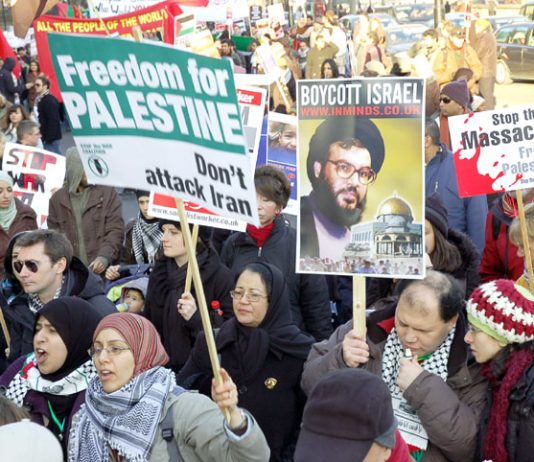 Marchers in London against the Israeli attack on Gaza in January 2009 show their opposition to any attack on Iran
