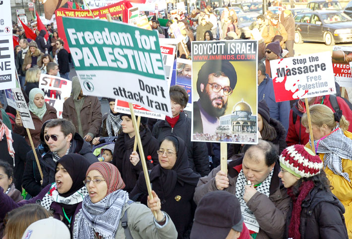 Marchers in London against the Israeli attack on Gaza in January 2009 show their opposition to any attack on Iran