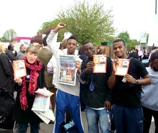 ANNA ATHOW with students at the Enfield College picket line yesterday, a number pledged they would vote WRP