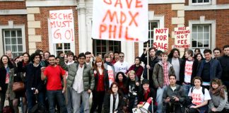 Students in front of the occupied Middlesex University Mansion Building