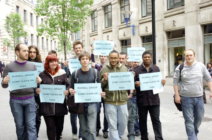 Student union leaders make their way from the London School of Economics to the Russell Group at Trafalgar Square