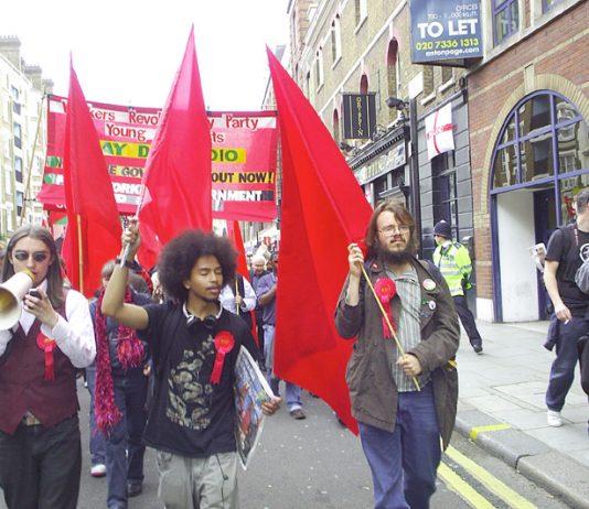 Young students leading the WRP-Young Socialist contingent on the May Day march in London – they never had any illusions in the Liberal Democrats