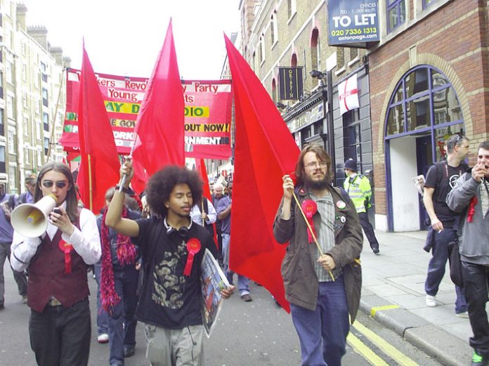 Young students leading the WRP-Young Socialist contingent on the May Day march in London – they never had any illusions in the Liberal Democrats