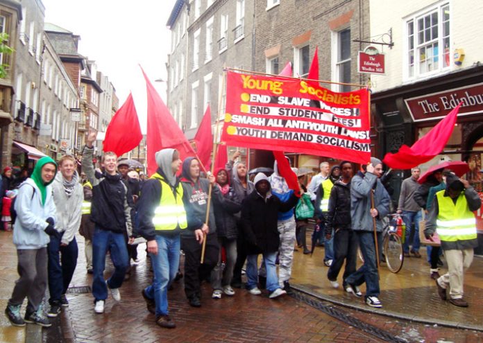 Young Socialists marching in Cambridge for a socialist future and against workfare