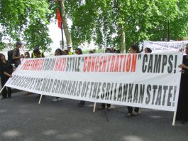 Thousands Of Tamil Families Are Denied The Right To Return Demonstrators in London last June condemn the Sri Lankan regime’s ‘Nazi-style concentration camps’ for detained Tamils
