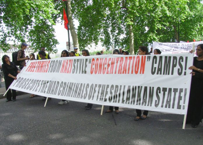 Demonstrators in London last June condemn the Sri Lankan regime’s ‘Nazi-style concentration camps’ for detained Tamils