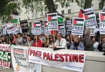 Demonstrators outside parliament commemorate the 60th anniversary of the ‘Nakba’ (catastrophe) and demand freedom for Palestine and the lifting of the siege of Gaza